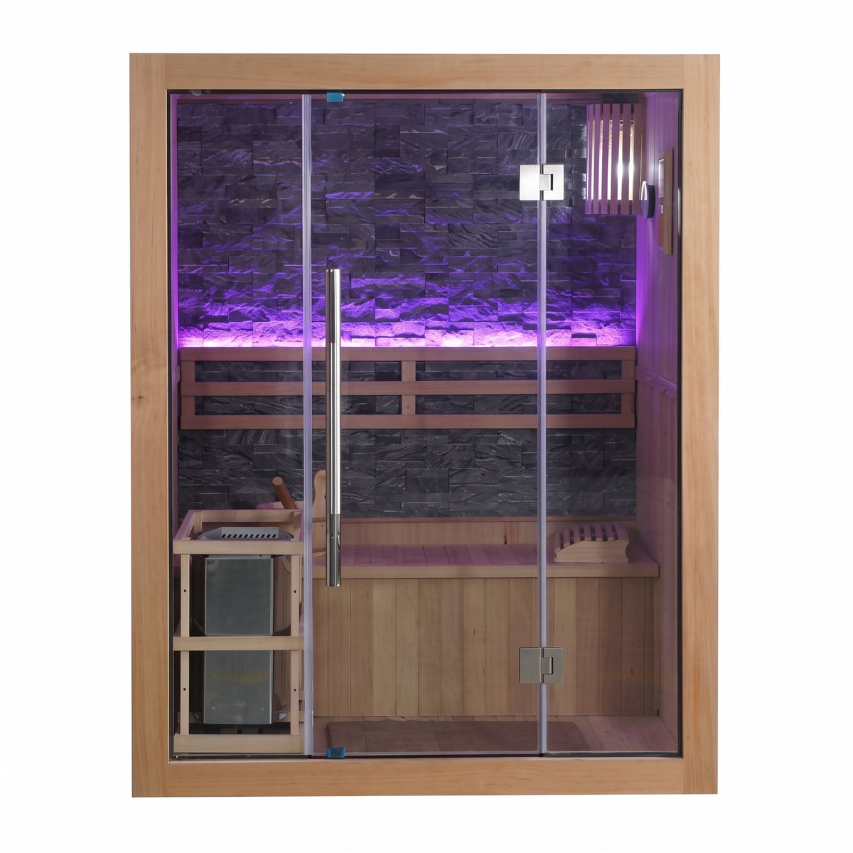 SunRay Rockledge 2-person indoor traditional sauna with glass front, slate-colored stone back wall and purple LED lighting, front view