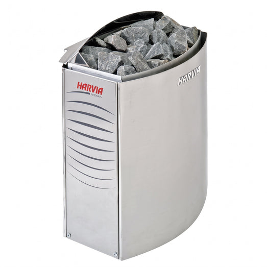 Harvia electric sauna heater filled with stones, as used in the SunRay Rockledge sauna