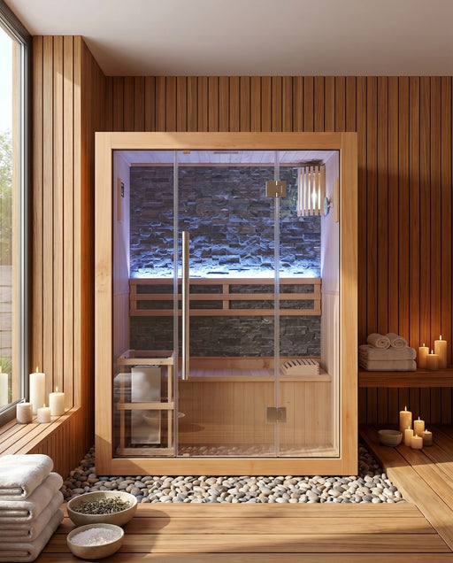 SunRay Rockledge 2-person indoor traditional sauna in a wood-paneled room with candles, towels and river stones