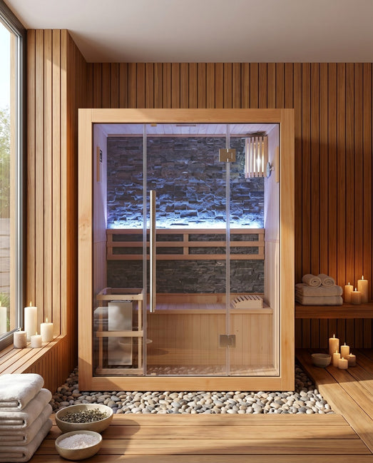 SunRay Rockledge 2-person indoor traditional sauna in a wood-paneled room with candles, towels and river stones