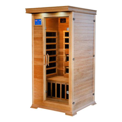 SunRay Sedona 1-2 person indoor infrared sauna with clear glass door, curved wooden handle, blue control keypad and lights above the door