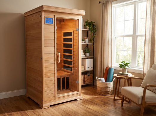 SunRay Sedona 1-2 person indoor infrared sauna in a sunlit room next to a window, shelving and an armchair
