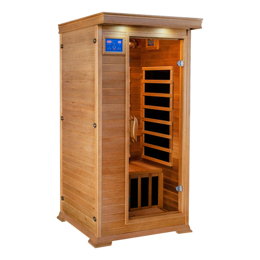 SunRay Sedona 1-2 person indoor infrared sauna seen from the left side, with glass door and blue control keypad