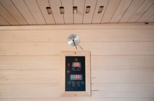 SunRay Waverly sauna digital control panel with red LED displays, temperature sensor and ceiling vent slots