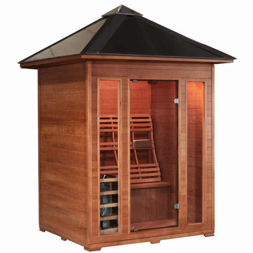 SunRay Waverly 3-person outdoor traditional sauna with black metal hip roof, glass door and two glass front windows