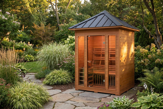 SunRay Waverly 3-person outdoor traditional sauna with black metal roof on a flagstone path in a garden