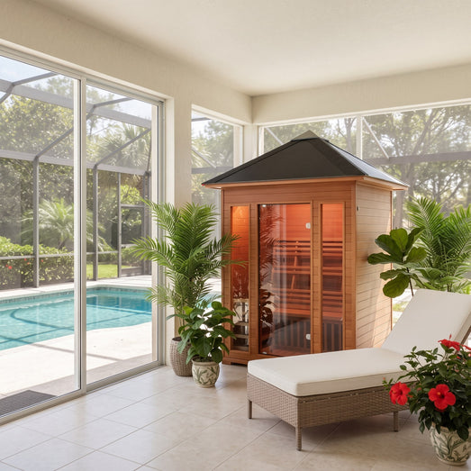 SunRay Waverly 3-person outdoor traditional sauna with black metal roof in a screened pool room beside a lounge chair