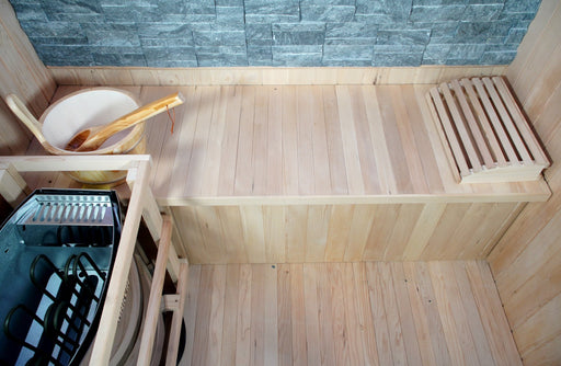 Top view of the SunRay Westlake sauna bench with headrest, wooden bucket and heater guard