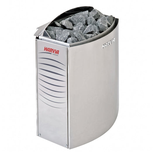 Harvia electric sauna heater filled with stones, as used in the SunRay Westlake sauna
