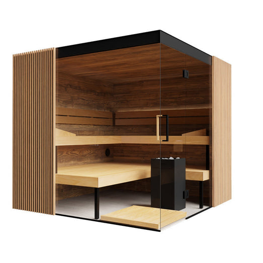 Interior of the ThermaSol Aalto indoor sauna with tiered benches and black heater