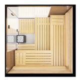 Overhead view of ThermaSol Aalto indoor sauna bench layout and duckboard floor