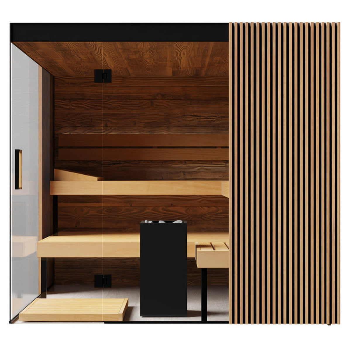 ThermaSol Aalto indoor sauna interior with vertical slatted feature wall