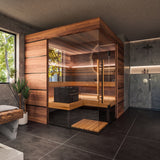 ThermaSol Astra indoor sauna in a tiled bathroom with warm interior lighting