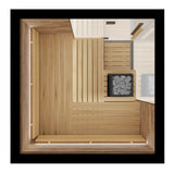 Overhead view of ThermaSol Astra indoor sauna interior with heater and benches