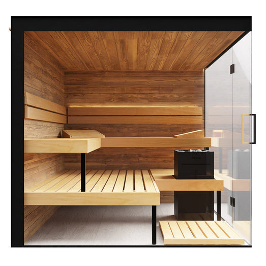 ThermaSol Lumaria indoor sauna bench layout and glass door detail