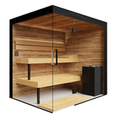 ThermaSol Lumaria indoor sauna glass front with tiered cedar benches
