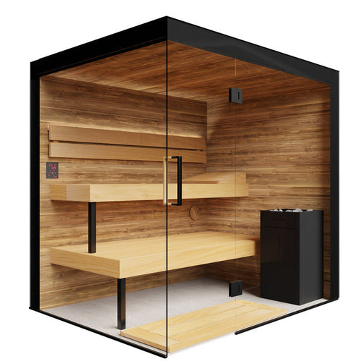 ThermaSol Lumaria indoor sauna glass front with tiered cedar benches