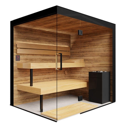 ThermaSol Lumaria indoor sauna glass front with tiered cedar benches