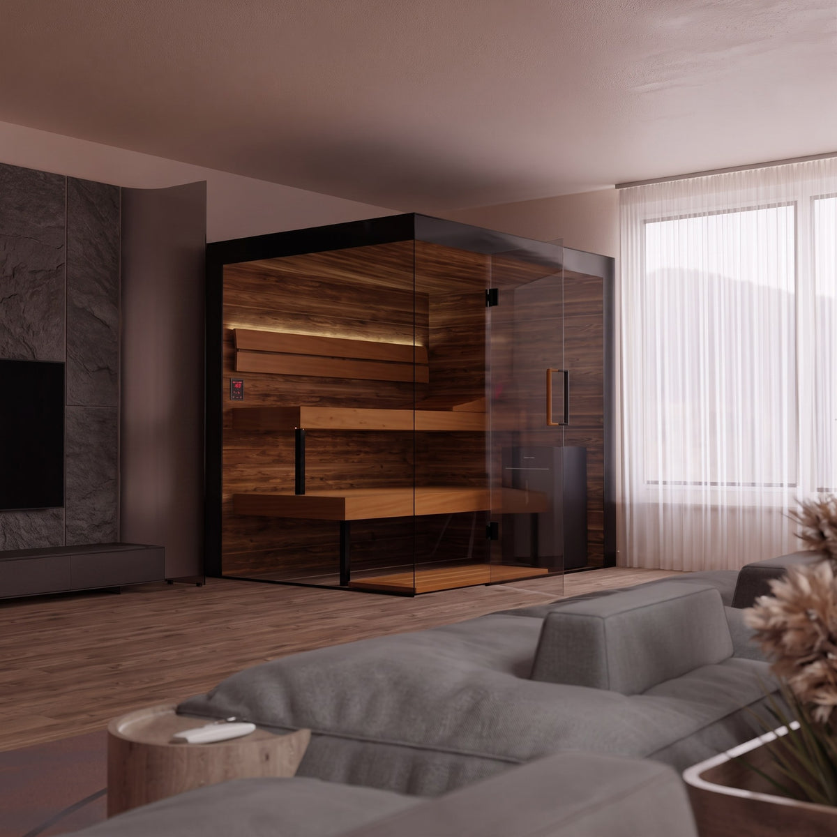 ThermaSol Lumaria indoor sauna viewed from a furnished living room