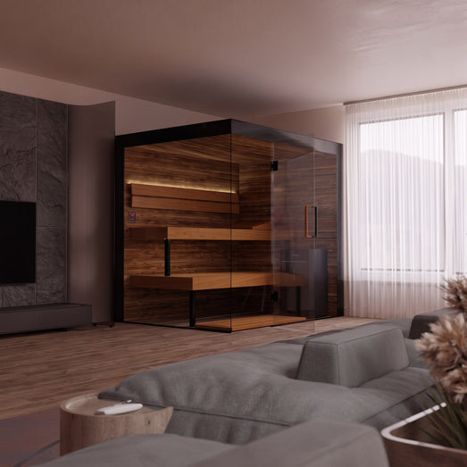 ThermaSol Lumaria indoor sauna viewed from a furnished living room