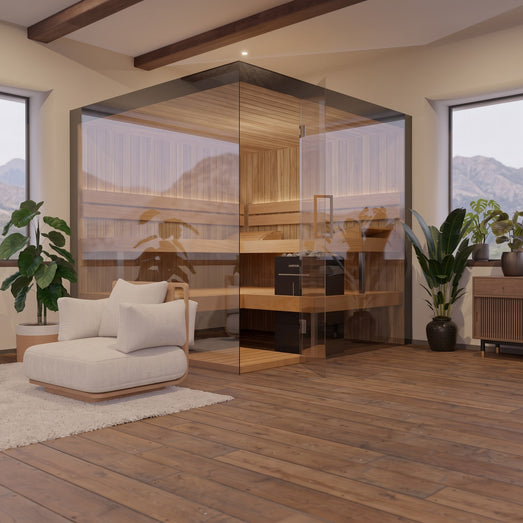 ThermaSol Lumaria indoor sauna with glass front in a bright living space