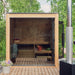 ThermaSol Nordic Dawn outdoor sauna cabin with open front, chimney and garden decking