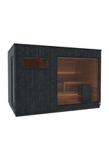 Side view of the ThermaSol Nordic Misty changing room with panoramic window