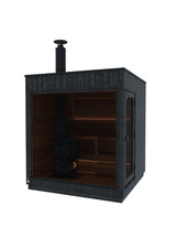 Angled view of the ThermaSol Nordic Misty sauna cabin with chimney flue