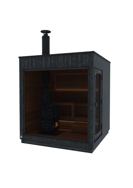 Angled view of the ThermaSol Nordic Misty sauna cabin with chimney flue