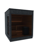 ThermaSol Nordic Misty outdoor sauna cabin in black with panoramic glazing