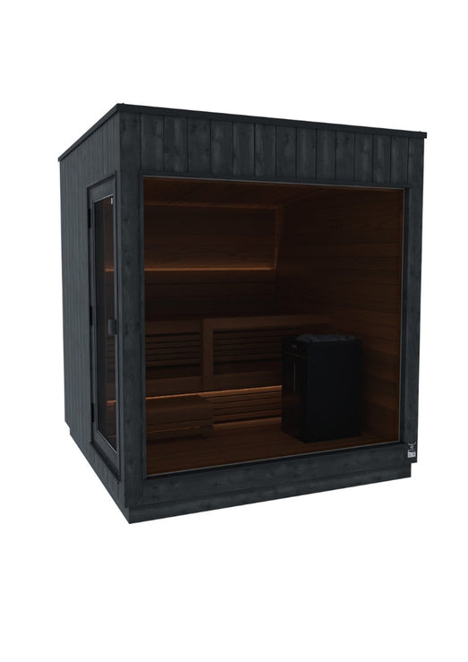 ThermaSol Nordic Misty outdoor sauna cabin in black with panoramic glazing