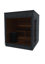 Rear quarter view of the ThermaSol Nordic Misty outdoor sauna cabin
