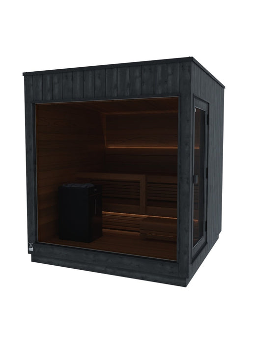 Rear quarter view of the ThermaSol Nordic Misty outdoor sauna cabin