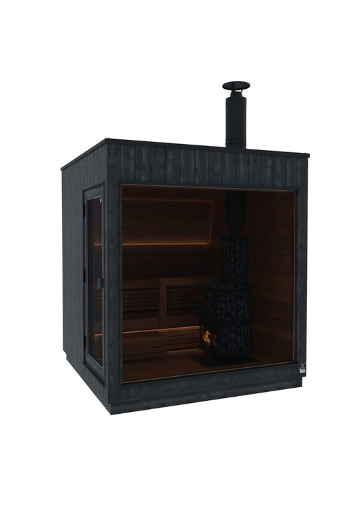 ThermaSol Nordic Misty outdoor sauna cabin with wood-burning stove and chimney