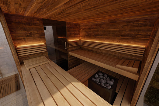 ThermaSol Ombra sauna cabin bench seating with heater and stones