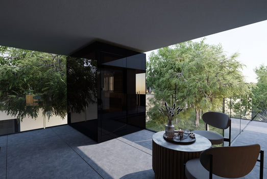 ThermaSol Vera outdoor sauna cabin entrance with dark glass front and seating