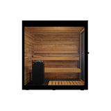 Front elevation of the ThermaSol Vera outdoor sauna cabin with dark glass