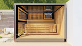 Overhead view of the ThermaSol Vera sauna cabin interior and heater