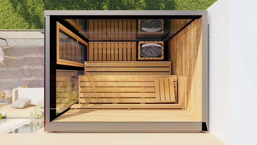 Overhead view of the ThermaSol Vera sauna cabin interior and heater