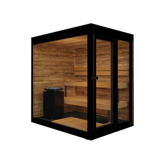 ThermaSol Vera outdoor sauna cabin with the glass door open