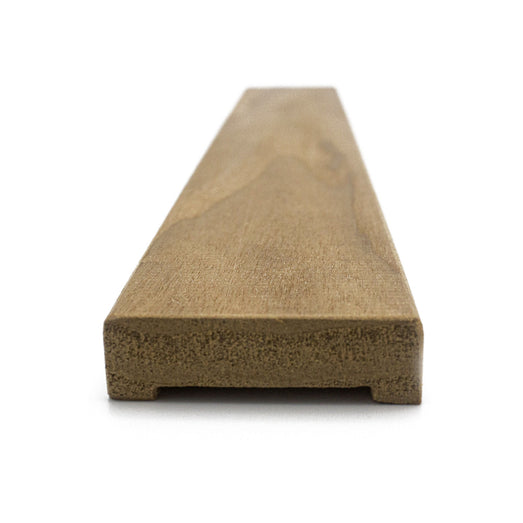 Thermo-Aspen 1x2 Door Trim piece in end view, showing the rough cut end with a shallow notch on the underside