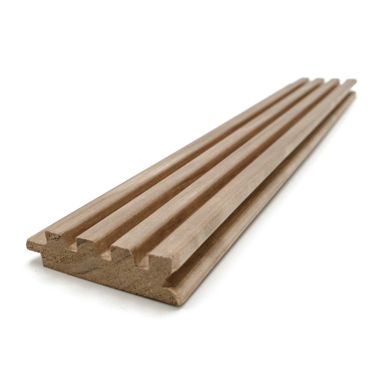 Thermo-Aspen tongue-and-groove paneling board, angled view showing four raised ribs and grooves along its length
