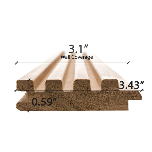 Thermo-Aspen 1x3 tongue-and-groove paneling board, cross-section with wall coverage and thickness dimensions marked