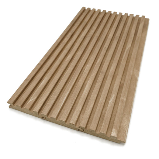 Thermo-Aspen grooved paneling board, top-down angled view of the parallel ribbed face and tongue edge