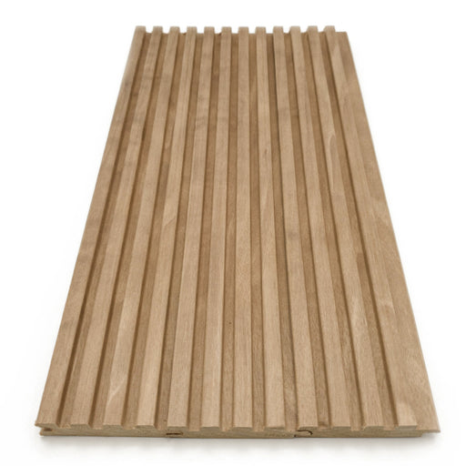 Thermo-Aspen 1x3 tongue-and-groove paneling, several boards joined side by side forming a continuous ribbed panel