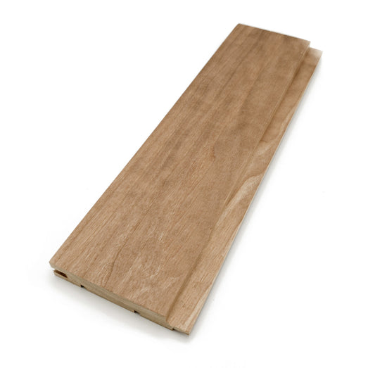 Thermo-Aspen 1x4 tongue-and-groove paneling board lying at an angle, with the tongue edge overlapping the face