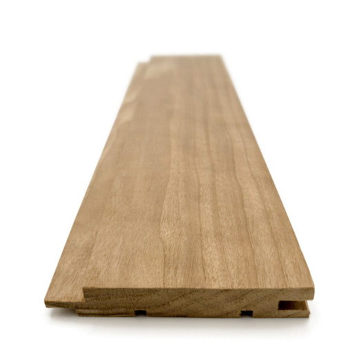Thermo-Aspen 1x4 tongue-and-groove paneling board end view showing the tongue, groove and back relief cuts