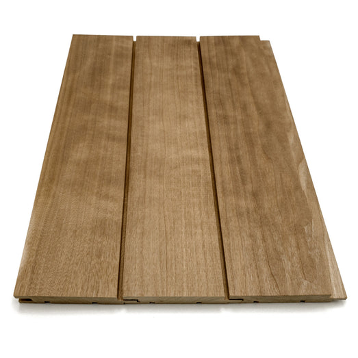 Three Thermo-Aspen paneling boards fitted together, showing narrow nickel gap seams and the grooved bottom ends