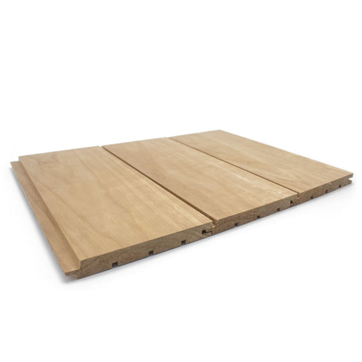 Three Thermo-Aspen 1x5 tongue-and-groove paneling boards joined side by side, showing nickel gap seams and back grooves