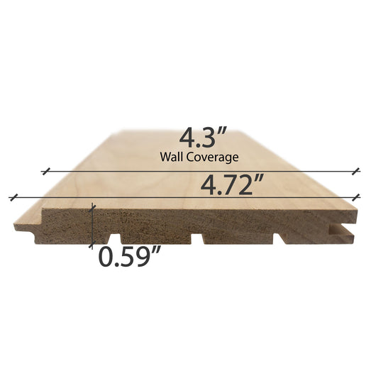 Thermo-Aspen 1x5 tongue-and-groove paneling cross-section with dimensions marked for board width and wall coverage